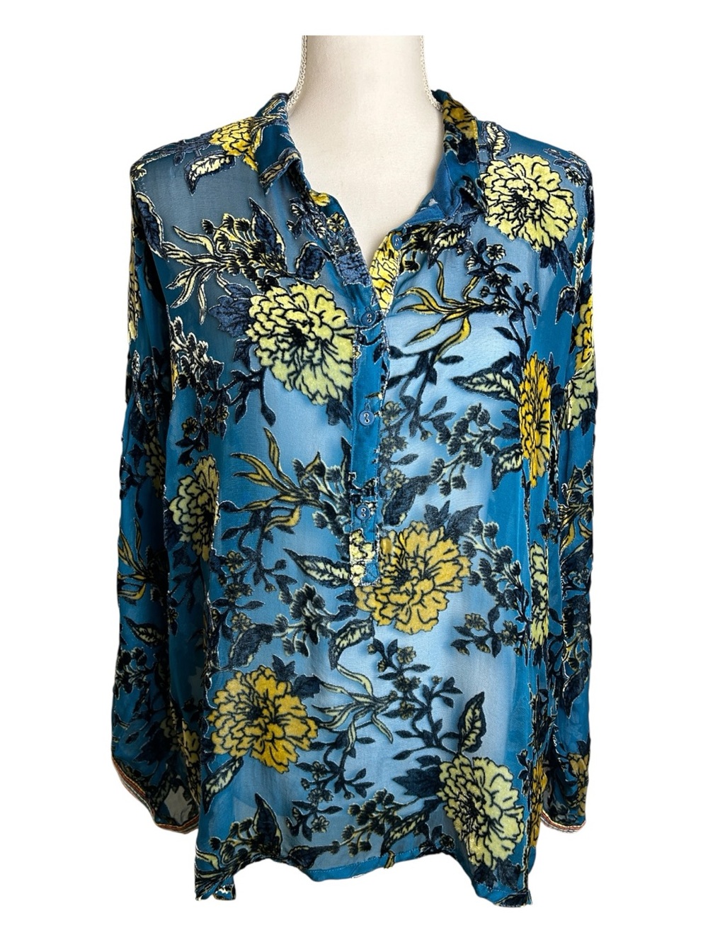 Johnny Was Cadeki Stila Blue Velvet Silk Blend Burnout Blouse Size Large
